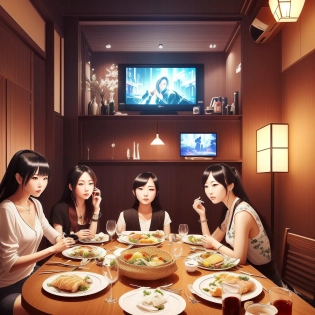 a cyberpunk japanese house, beautiful girls sitting at the dinner table, realistic faces, realistic hand, dinner table, woman watching tv, masterpiece