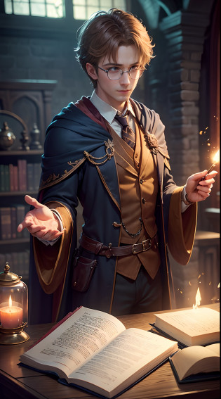 ?The man in the Harry Potter universe is in class?, A look of determination?A vibrant magic mystery potions classroom, Magic Book, Cast a magic wand,  Flashing spell effect, Spin the robe, Engaging lectures, Engaging storytelling, Enigmatic Atmosphere, Flashing candlelight, Spells and charms,  Wonderful exams, Wizard test, Brewing potions, intense concentration, magical artifacts,  enchanting spell, Engaging course?