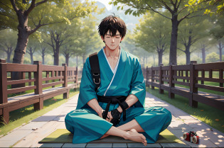 Ultra-high resolution. Just a boy, an 18-year-old boy. Sitting cross-legged, cyan martial arts training robe, sitting cross-legged, outdoor, sitting on the altar, practicing, outdoor martial arts practice, many people onlooking, Chinese ancient style, martial arts style, closed eyes practice. With prominent and well-designed typographic elements. 4K