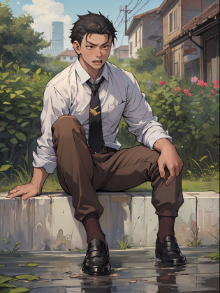 A3R1, Hector Fey ?Multi-view upper body? Suit pants view?legs separated?A3R1,pissing?Pee yourself?His own urine ran down his thighs?perfect male figure? Aerith Gainsborough ,The suit pants are wet?Urine runs down the leg of the trouser?Yellow eyes?sit astride?legs separated?Can't hold back urine?wants to pee?Wear a tie?wearing leather belt?Long Sleeve White Shirt??The shirt is soaked??Black hair short hair?perspire?Black suit trousers?dress shoes?Nervously bow your head?is shy?embarressed?exhilarated?is shocked?panicking?worry?exteriors?On dry ground? A small puddle of his own urine formed around his feet?legs are open?Very eager to pee?Unbearable?Can't help but pee?Urine flows from the crotch to the legs?Incontinence?It's uncomfortable?Very anxious?Sweat runs from the crotch?Wet yourself?urinating?high detal?hentail realism?ultra-realistic realism?three sided view? A masterpiece of careful planning?A high resolution? hyper HD ?anatomy correct?super detailing?best qualtiy?A high resolution?8K