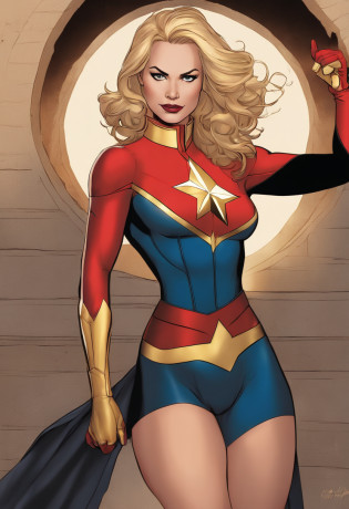 Carol danvers, Captain Marvel, Mar-Vell, sleeveless turtleneck leotard, wavy hair, very long hair, blonde hair, blue eyes, large breasts, big breasts, huge breasts, detached sleeves, elbow gloves, thong leotard, superheroine, marvel, thighhighs, thigh high boots, thighs, red sash, red sash around waist, captain marvel, thigh highs under boots, thighhighs under thighhighs, thighhighs under pantyhose, no skirt, no pants, no sleeves, sleeveless, garter belt, garter belt,