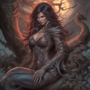 Witchblade sits relaxed under a tree, smiling slyly as she puffs on an ornately carved wooden pipe. Swirls of smoke rise up, slowly enveloping her in a hazy cloud. Her dark hair and red leather outfit blend into the mist, so only her crafty grin is visible, green eyes glowing mysteriously. The smoke takes mystical shapes, forming demons, daggers and snarling dragons that circle around Witchblade's head before dissipating into the serene night sky. Though immersed in her own world, Witchblade radiates an aura of occult tranquility.

In the foreground, Witchblade sits with legs crossed under an old oak, leaning casually against the trunk. Her revealing leather attire drapes around her curvy body. In her gauntleted hand she holds the carved pipe, its bowl emitting steady smoke that rises in tendrils. Witchblade's eyes are closed lightly, face peaceful yet darkly pleased.

As the smoke dances, it transforms into mystical shapes around her. A dragon snarls left, a dagger points right, a demon looms overhead. The smoke swirls higher against the shadowy sky, forms blending into haze. Moonlight filters through leaves, illuminating Witchblade's subtly sly face. Though enveloped in smoke, she emanates the supernatural and contentment, lost in her own mystical world.