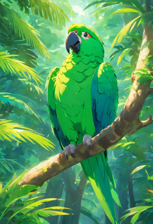 There was a parrot in the tree, Parrot song, beautiful green feathers, SNES Painting