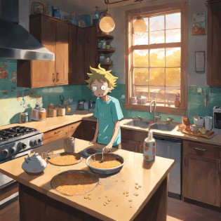 Morty stands in the kitchen, pouring cereal into a bowl. Rick enters, yawning.
Morty's morning routine unfolds in the cozy kitchen as he pours cereal into a bowl. The soft sunlight streaming through the window casts gentle shadows on the countertop. Rick strolls in, still half-asleep, adding a touch of contrast to the scene. The cluttered kitchen suggests their shared space, with half-empty coffee mugs and scattered notes. The familiar aroma of breakfast fills the air, while the radio softly plays in the background. A sense of comfort and routine prevails in this snapshot of their everyday life. Photo taken by Alex Harris with a Fuji X-T4 and a 35mm lens. The lighting replicates warm, natural morning light, infusing the scene with a cozy ambiance. 8K, Ultra-HD, Super-Resolution. (Rick and Morty)