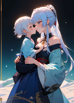 anime image of two women dressed in traditional japanese clothing in snow, bluish white hair, characters from azur lane, anime fantasy illustration, from the azur lane videogame, genshin, artwork in the style of guweiz, cultivator detailed art, two beautiful anime girls, mother and child, symbol of maternal love, mother and child, such as photos of mother and child, ((masterpiece,best quality, detailed)), ultra-detailed, detailed hair, kiss on the cheek, hard rim lighting,((dramatic lighting)),sharp focus,mother and daughter, medium breasts, female child(flat chest), holding, ru_qun, (off shoulder), (Hanfu:1.1)