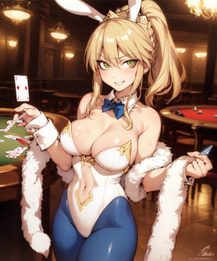 1girl, solo, artoria pendragon \(swimsuit ruler\) \(fate\), blonde hair, sidelocks, ponytail, ahoge, green eyes, large breasts, cleavage, navel, white leotard, feather boa, bunny ears, wrist cuffs, detached collar, clothing cutout, blue pantyhose, standing, (casino), playing cards, table, indoors, crowd, looking at viewer, sweat, smirk <lora:char-artoria-ruler:1> <lora:artist-fishine:1>