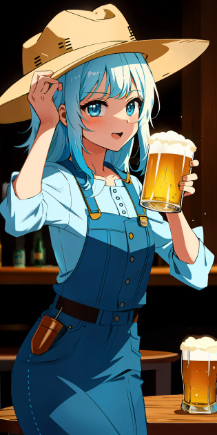 anime girl in a hat holding a beer glass in front of a bar, holding a beer!!, holding beer, drinking beer, anime moe artstyle, holding a beer, drinking a beer, anime girl drinks energy drink, 2 d anime style, loli, aqua from konosuba, with a drink, cushart krenz, splash art anime loli