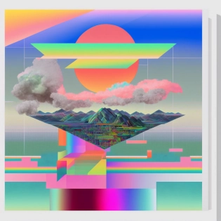 diagram abstract geometric forms iridescent digital landscape with lenticular clouds glitch rainbows sunset in a background of holographic paper with a diagram pixel art landscape rainbow and pixel clouds planets , octane render, screens, view, collage, doble exposure, wireframe, literature, vector art, magazine, nintendo 64, tomokazu matsuyama, petra cortright, pop art, fashion, experimental architecture, fern, flowers, metalic reflections, water reflections, --v 4