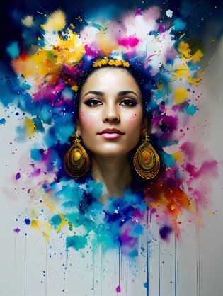 A traditional Brazilian Samba dancer, detailed and sharp focus on her face, ultra details, hi-res, portrait by Willem Haenraets, watercolor, wet on wet and splattering techniques, centered, perfect composition, abstraction, surrealism, trending on artstation, sharp focus, studio photo, intricate details, highly detailed, by Greg Rutkowski