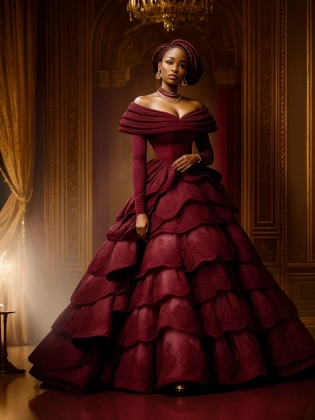 RAW Photo Portrait of a curvaceous (((african american:0. 5)(Swazi:0. 5)):1. 5) woman with ( perfect face:1. 2) ((Burgundy) (braid):1. 3) wearing an ornate, exquisite, award winning red luxury full length gown created by House of Chanel designed by Karl Lagerfeld. Photo shot by Annie Leibovitz. The (Full Body shot:1. 4), one-shot, is taken from a hip shot, with a Cinestill hasselblad 35 mm. loop lighting, Photorealistic, Realistic, Hyperrealistic, Hyperdetailed, masterpiece, best quality, ultra realistic, 8k, golden ratio, Intricate, High Detail, detailed skin, pores, matte skin, , subsurface scattering, realistic, heavy shadow, studio photography