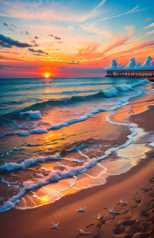 sunset on the beach with waves and a pier in the distance, colorful sunset, beautiful sunrise, vibrant sunrise, sunrise colors, vibrant sunset, colorful sunset!!, beautiful sunset, sunset at the beach, beach sunset background, sunset on the beach, which shows a beach at sunset, vibrant vivid colors, nice sunset, breathtaking colors, sunset colors, gorgeous romantic sunset, beautiful nature,Lovers walking