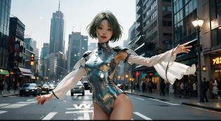 (Extreme Detail CG Unity 8K wallpaper??masterpiece?top-quality)?(exquisite lighting and shadow?highly dramatic picture?cinematic lens effects)?Slender girl?Short hair dyed moss green?White flesh-colored?(Dynamic Dance Poses)?(excellent details?Outstanding lighting?wide angles)?(Excellent rendering?Enough to stand out in its class)? Tight metallic suit?Meticulously drawn background?Many support robots flying in the sky?kindly smile?Abundance of huge buildings and city lights?charming waist