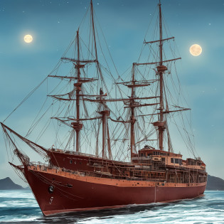 Computer Rendered Graphics, Realistic Fantasy, Extensive Landscape Ultrasound Photography (general view showing a wooden multi-deck ship, Front of the ship - bow, rear part of the bark stern ..

The front part of the ship is a forecastle (near the foremast for sailboats).

The rear part above the stern is a hut ..

Horizontal platforms - decks, can be several, one above the other like floors in a house.

The very bottom of the ship is the keel, it goes like a ridge, to which, like ribs, frames are attached, and to them is the skin.

A sailing ship has masts - from one to five (clippers), each has its own name.

So with a three-masted vessel: the front mast is the foremast, then the mainmast and mizzen mast.

Mandatory for ships is the presence of an anchor device.

In modern ships, instead of a sail, a power plant is installed from marine diesel engines or turbines, which rotate from steam heated in a nuclear reactor (nuclear-powered ships), a steam plant (steamships) was previously used.

The power plant rotates the propeller or wheel (for obsolete paddle steamers) ..

), full moon, night sky, blurred background, warm, yellow, purple background, pink, warm, magic, 