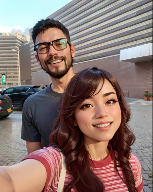 There's a man and a woman taking a selfie in front of a building, Foto de perfil do headshot, Tyler Edlin e Natasha Tan, Pokimane, foto do perfil 1024px, Foto selfie 16k, taken in the early 2020s, Ayami Kojima e Greg Rutkowski, casal sorridente, EUA-Set 20, foto do perfil, casal feliz