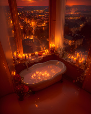 a view of a bathtub with candles in it in front of a window, room full of candles, lit with candles, in a room full of candles, bathed in the the glow, dark tones and candlelight, luxurious environment, dreamy and romantic, atmospheric beautiful details, beautiful ambiance, cozy place, very magical and dreamy, beautiful ambience