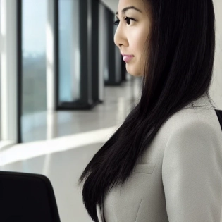 portrait of a pretty office lady, asian, long wavy black hair, in office suit, detailed face, looking at the viewer, office buildings in the background, blurred background, sharp focus, intricate, photographic, award winning photograph, 8k wallpaper, professional studio lighting