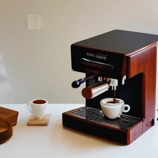 a white la marzocco linea mini coffee machine on a desk made out of mahogany wood, in a room overlooking the ocean