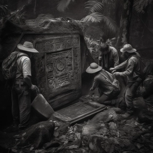 A team of archaeologists uncover an ancient tomb deep in the Amazon rainforest, black and white, scary and dark, photorealistic, detail rich, 16k, atmospheric, photograph, cinematic, shot on Hasselblad H4D 200MS Digital Camera, Mitakon Speedmaster 65mm f/1. 4 XCD, Fresnel lighting, --v 5