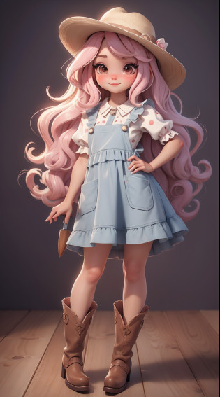 Create a series of cute baby style chibi dolls with a cute cowgirl theme, each with lots of detail and in an 8K resolution. All dolls should follow the same solid background pattern and be complete in the image, mostrando o (corpo inteiro, incluindo as pernas: 1.5)

Boneca cowgirl: Chame-a de Mia. She must have medium wavy hair. Seus olhos devem ser grandes e curiosos, with long eyelashes and slightly pinkish cheeks. Mia should be dressed in a delicate jumpsuit, cowboy boot and a polka dot blouse and a cowboy hat is cute. She must hold farm accessories. Add details like pockets and ruffles to the apron to make it even more charming, sapato bonito

Certifique-se de adicionar sombras, texturas e detalhes nos cabelos, roupas, Cute cowboy utensils, to make them even more adorable and charming.