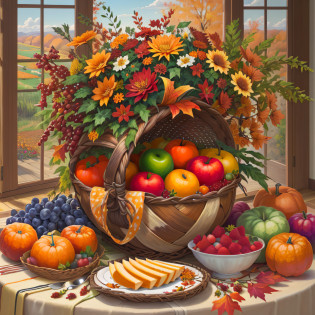 there is a painting of a table with a basket of fruit and flowers, harvest fall vibrance, harvest fall vibrancy, harvest, by Laura Wheeler Waring, renaissance autumnal, the goddess of autumn harvest, fruit and flowers, cornucopia, fall vibrancy, overflowing feast buffet table, autumn tranquility, rural splendor, by Carol Bove, by Nancy Graves