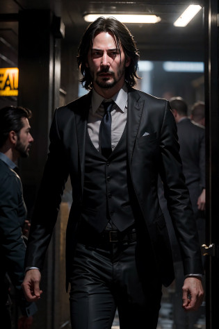 Masterpiece, Keanu Reeves, Extremely High Detail, (Best Quality: 1.2), Absurd, Photorealistic, Realistic, Hyper-detailed, Ray Tracing, High Resolution, Sharp Focus, 8K, Vibrant, Intricate, Sharpness and Clarity, Realistic, hyper_realism, 1man, 1girl, Gentleman,, Man lifting a in his arms, Getting out of the atmosphere of an explosion, A man with long hair on his shoulders, A woman barefoot, Holding hands, Huge explosion,  The explosion of the entire structure of the building, the dirty face, the beard, the torn gentleman's suit, the dirty gray shirt, the black tie, the movie hero John Wick, the explosion, the wreckage, the night, the rain, the rain, the wet ground