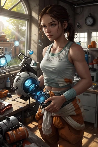 <lora:portal_chell:0. 8> chell, ponytail, tank top, clothes around waist, cleaning a portal gun at a workbench, bright morning sunlight shining through window (zrpgstyle) (masterpiece:1. 2) (illustration:1. 2) (best quality:1. 2) (detailed) (intricate) (8k) (HDR) (cinematic lighting) (sharp focus)