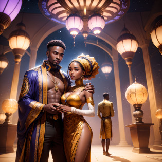 Happy African man marrying African woman both wearing African designed clothes, marriage ceremony on an  futuristic african designed spaceship, surrounded by a celebrating congregation all in african designed clothes, African designed drones above them spraying shinning particles in air, african designed spaceship full of African designed instruments, african designed sculptures, pots, night time, moon and stars shining, with iridescent light, photorealistic image, 32k, ultra HD, cinematic lighting, artgerm style,
