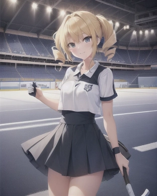 girl, happy, twin drills, cute, blonde, best girl hair, ice hockey player, stadium with fans, indoors, hockey outfit, helmet, puck, nets, hockey stick, can see ice, skates, helmet, night, dark roof with no windows, goalies, players. anime, professionally color graded, HDR, anime face, 1girl, face by Artgerm, Greg Rutowski, volumetric lighting, bright bursting colors, intricately detailed outfit, dynamic pose, octane engine, anime face