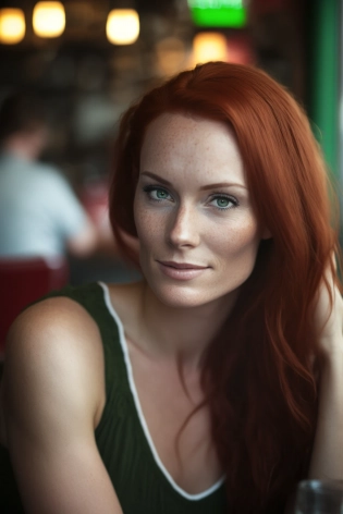 beautiful redhead irish woman in a pub, velvia, shot on 65mm, 16 megapixels, 8k, photorealistic, --q 5 --ar 2:3