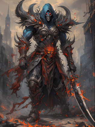 Hombre grande,marcas y simbolos por el cuerpo,pelo largo y  lanco,capucha roja,Espada gigante de almas en pena,oscuro,almas,guantes demoniacos,armadura masiba,armadura de almas en pena,demonio, Fuego, caballo infernal de fuego y lava,ojos rojos,ojos azules brillante, infierno, apocalyptic,fin del mundo, Lado oscuro,ruina, guerra, Darksiders , ERA (Darksiders), obra dearte,guerrero,enviado del infierno,Horseman of the Apocalypse,muerte,sangre,destruccion,hambre,lucha,furia,ciudad debastada,edificios en ruinas,calles destruidas,pobo y particulas en el aire,muchas victimas alrededor,demonios muertos,demonios descuarisados y sangrando,espada clabada,espada enterrada,espada con sangre,mirada aterradora,misterio
