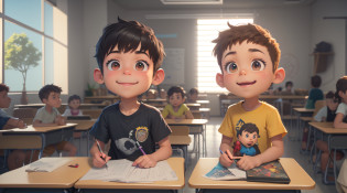 there are two boys sitting at desks in a classroom, animation style render, animated film, animation still, cg animation, arte renderizada, promotional render, award winning animation, animation film, animation, cg render, Cartoon style illustration, animado ainda, renderizado em corona, animation film still, 3 d animated movie, rendered illustration, animation film, CG rendering, 3 d desenho animado