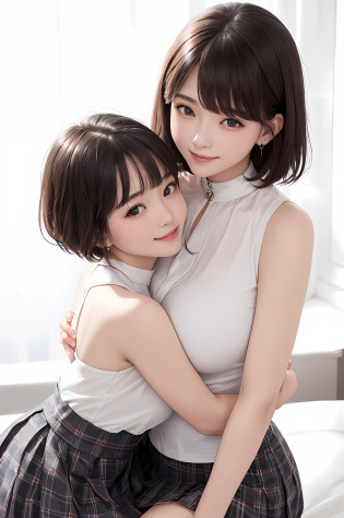 ((low angles?low angles))?Two people hugging each other happily?Two people happily cuddling together?Two people staring at the camera?Lesbian couple?Lily couple?((Two happy people))?Two beautiful adult women??masterpiece?top-quality?realisticlying?realisitic?Seductive bright smile?Both of them have short clean hair with bangs?((short clean hair))?Both have short hair?clean hair with bangs????(Short pleated skirt 40cm above the knee?plaid skirts)?enticing eyes?Both have very large breasts?Both have big breasts over F cups?(cleavage of the breast)?((Immaculate white background with nothing really))?(28 year old?adult lady??ighly detailed?Both are very tall?Both have long necks?Both of them straightened their backs.?Put your ears out?a small face?Highlights in the eyes?lipgloss?glowy skin?White-colored skin?Clean collarbone?closes mouth?Close your mouth and smile?Happily?Nice proportions?long legged?lovely?Charming and endearing?Colorful random collar shirt?Beautiful fece?spotless?Beautiful?Very mature?adult appeal?Attractive adult woman?Hug hard?Lashes?Distinct double eyelids