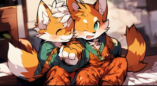 Style picture of a squirrel in pajamas lying on bed with its limbs open, Shota?large tail?Shota?Drooling in the mouth?Wet hands?commission on furaffinity, very very beautiful furry art, furaffinity commission, squirrels, jazza and rossdraws, Furry art!!!, zerochan art, Colorful squirrel city, Detailed fanart, fursona art, wearing fancy clothes, Furry tail,
