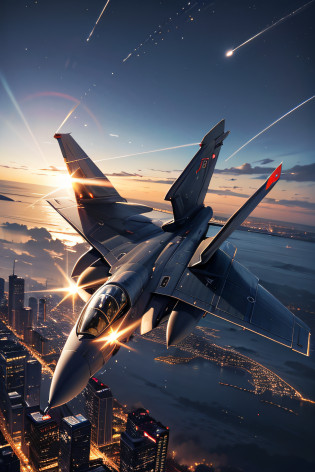 PHOTOREALISTIC, masterpiece, best quality, highres, fighter jet flying at low altitude, ruined city scenery, night sky with visible moon