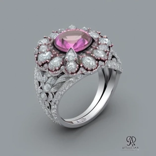 a jewelry design, sakura-themed ring, gemstones and diamonds, luxury, closeup, product view, trending on artstation, cgsociety, ultra quality, digital art, exquisite hyper details, 4k, Soft illumination, dreamy, fashion, rendering by unreal engine