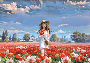 a pretty chinese woman in a field of tulips with a sun hat and sunglasses, wearing a white sleeveless halter dress, tall and slim, dark wavy hair, standing in tulips field, standing in a flower field, woman standing in flower field, standing in a field with flowers, flower fields, girl standing in a flower field, girl in a flower field, in a field of flowers, girl standing in flower field, in a field with flowers