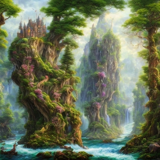 magical fae wild forest city surrounded by cliffs and waterfalls with multicolor trees, massive tree in the center and huge castle, oil canvas painting