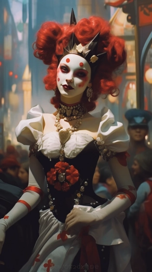 https://s. mj. run/JCHHuhtGUOs elegant female harlequin striking a goofy model pose inspired by fashion walking in a shopping mall surrounded by people::3, she has a huge grin on her face and a whimsical jester headpiece on her head::3, a juxtaposition with cyberpunk cityscape scenery::4, painted in oilpaint by frank frazetta::1. 5, kodak portra 800::5 atmospheric lighting::1 --v 5. 1 --ar 9:16 --no curly hair