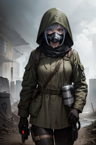 Stalker Woman, Woman wearing a respirator mask, camo, Armed, dirty, sticky hair, Very careful, has caution, wants to profit from trophies, Looks cautious, looks tired, She stands aside, carefully examines the surroundings, bloods, mud, Electrical discharges from the ground, clots of fog, Little blue lightning bolts in the fog, Ruins of a brick house in the background, in the background of the Zombies, Aside One artifact sparkles on the ground (8K, RAW photo, Best Quality, Masterpiece:1.2), Ultra Detailed, official arts, photo-realistic:1.2, Film grain, Octane Render, high-quality render, STALKER project, project STALKER