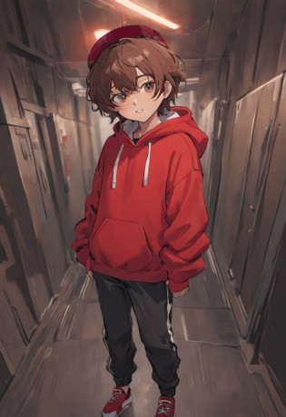 (gender:boy ), (hispanic race), (light curly dark brown hair), (black pants), (red hoodie), ( wearing a grey bucket hat with a simple white coulered smiley face on front of it), ( skin couler: white tanned ), (( doing a ?? pose while smiling )), ( eyes closed while smiling ), ( white teeth )