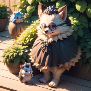 On the wooden terrace there is a small hedge, Hedgehog, anthropomorphic hedgehog, Smart Hedgehog, hedgehog magus, anthropomorphic blue hedgehog, Intelligent Hedgehog, Cute lonely animal, Spits, Hedgehog with glasses, r/AW, Wearing a prickly, Spotted ultra realistic, Cute fluffy needs your help, beautiful animal pearl queen, extra high resolution, (photo-realistic: 1,4), 8K resolution, 3d, ..CGI, voluminous lighting,  beste-Qualit, extra high resolution, (photo-realistic: 1,4), 8k resolution, (Realistic hair: 1,2), (Realistic eyes: 1,2), (beatiful face :1.3), High contrast, 8K, super detaill, ccurate, Best Quality, 16k, UHD, ccurate, anatomically correct, High Details, hight resolution, Beautiful