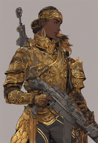 Gere uma imagem da personagem Mara, also known as 'Mara Death Dealer', do jogo Call of Duty: Guerra moderna: corpo inteiro, fisionomia cruel, ((Novo)) brincos grande, colar pulseira, rings, gold watch, na praia, sol poente, palmeiras, corpo escultural, flowing hair, ((metralhadoras, armas, Fuzil AK-47, Granadas, gold accessories)) standing on a ((tanque de guerra Russo T-14 Armata))