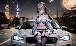 kcar66t, 1girl, bangs,ponytail,  bare shoulders, black legwear, breasts, building, car, city, city lights, cityscape, cleavage, driving, full moon, ground vehicle, jacket, lamppost, large breasts, long hair, looking at viewer, moon, moonlight, motor vehicle, motorcycle, navel, night, night sky, off shoulder, on vehicle, open clothes,race queen, road, shooting star, sky, skyline, skyscraper, solo, star \(sky\), starry sky, thighhighs, truck, vehicle focus, <lora:Mu-000008:1:RW>, <lora:cargirlv1:0.6>