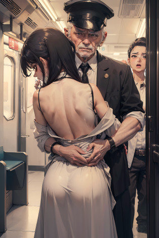 SFW, realista, obra maestra, VERY crowded subway train interior detailed scenario, VERY crowded subway train interior detailed background, Standing incredibly hot (mujer 1) usyo sexy ((uniforme escolar)), (((falda levantada)), (Grye), (Thigths gruesos), (fear expression), cara sonrojada, The old man groped woman 1 from behind,(((A small old man pressed his chest on the back of woman 1))) y (((holding her waist behind her)))