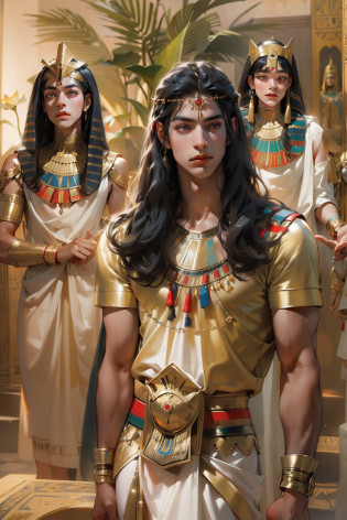 1 man?Man with long black hair?Egyptian attire?Egyptian dress-up?Young men?Egyptian attire?Egyptian dress-up?Black eyes?Elaborate Eyes?beauitful face?Stand by the lotus pond?Meticulous CG?Movie images?Beautiful?skin is smooth and fair?super high image quality?Egyptian pharaoh?Egyptian traditional makeup