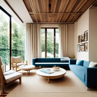 design, dreamy sunken living room conversation pit, wooden floor, small windows opening onto the garden, bauhaus furniture and decoration, high ceiling, beige blue salmon pastel palette, interior design magazine, cozy atmosphere; 8k, intricate detail, photorealistic, realistic light,