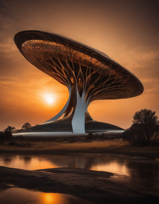 fascinating alien architecture amidst a captivating sunset. The extraterrestrial structure is a testament to advanced technology, featuring intricate geometric patterns and a blend of organic and mechanical elements. It stands atop a mountain peak, bathed in the warm, golden light of the setting sun. The composition is a wide shot, emphasizing the scale and majesty of the alien construction against the expansive sky. The lighting style is soft, casting long shadows that add depth and definition to the architectural details. This photograph showcases a glimpse of extraterrestrial civilization's remarkable achievements