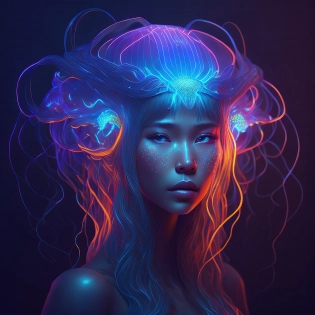 digital painting of a woman with glowing hair| digital art| neon jellyfish headdress| surreal 3d render| detailed beautiful face| high quality fantasy stock photo
