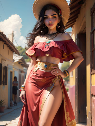((Masterpiece - Illustrations - Detailed - Best Quality)) - classic 50s Style - Alexander Gunin Style - insanely beautiful Mexican Woman - Aztec - Long Waiver Black Hair - Dark Brown Skin - pristine hazel eyes - Absolute Stunning Look - Traditional Wear Mexican clothing - pink Mexican skirt - sash at waist and abdomen - closed huaraches - gold bracelets, earrings and necklaces - imposing presence - flower petals in the environment - happy attitude - small Mexican village as the background.