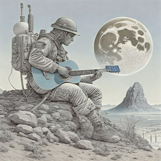 There's a man sitting on a rock playing a guitar, Directed by: John Moonan, Arte de Moebius, Travis Charest, inspirado em Scott Listfield, Arte Moebius, Douglas Soares, musician, Directed by: Bob Ringwood, Moebius illustration art, Directed by: David G. Sorensen, por Wayne England, Josana Gonzales, Wayne Douglas Barlowe, em outro planeta